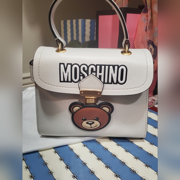 Authentic Rare Moschino White Leather Teddy Bear Satchel Bag - Picture 10 of 11